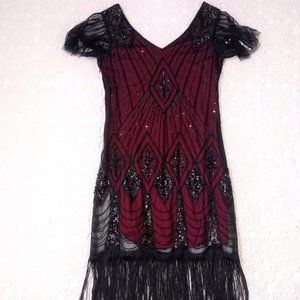 Vtg 20s Style M Flapper Dress Red Art Deco Fringe